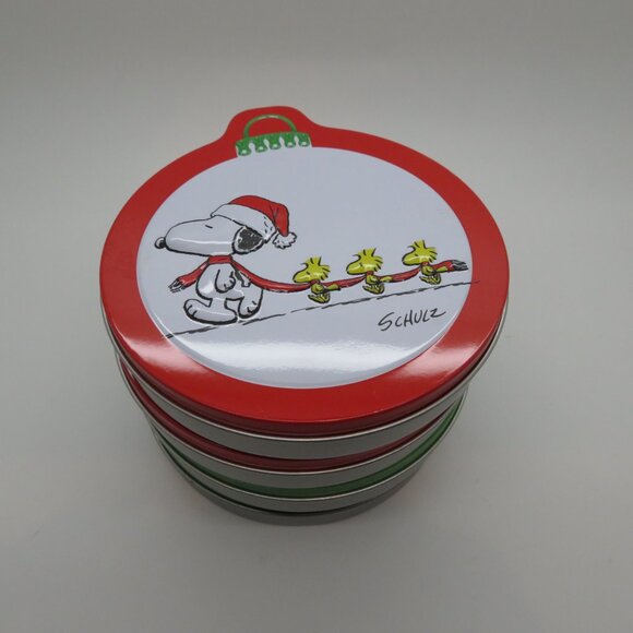 Christmas Snoopy Round Empty Tin Can Lid Ornament Keepsake Container Set of 4 - Picture 8 of 10